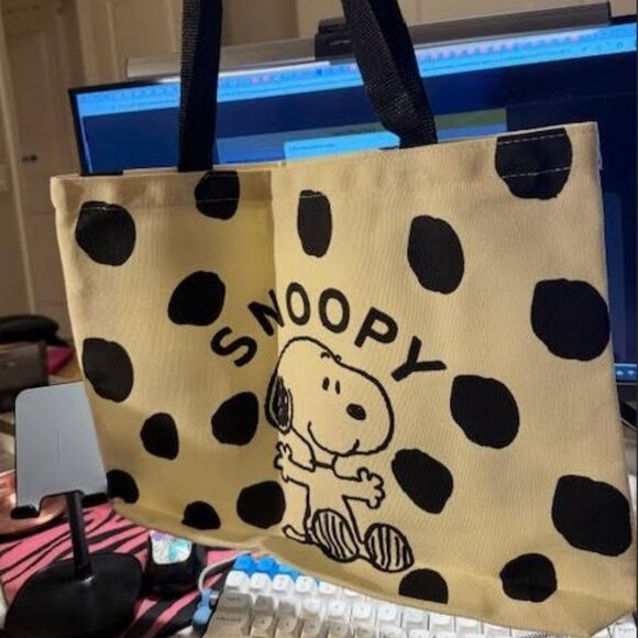 Snoopy Canvas Tote Bag Polka Dot White Shopping Bag 15x12 With Plush Charm - Picture 7 of 8